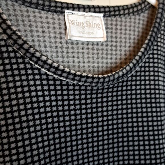 Vintage Y2K Wing Shing Fashion Soft Velvet Top Houndstooth Size L Black White - Picture 4 of 8
